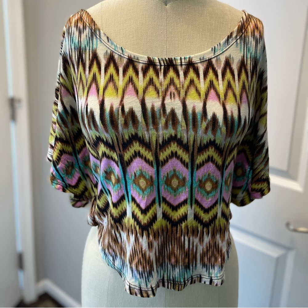 Boho Tribal Print Crop Top Batwing Festival Blouse Size S
